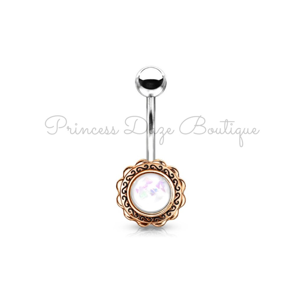 Rose Gold Filigree Flower with White Opal Glitter‎ Center Belly Button Ring